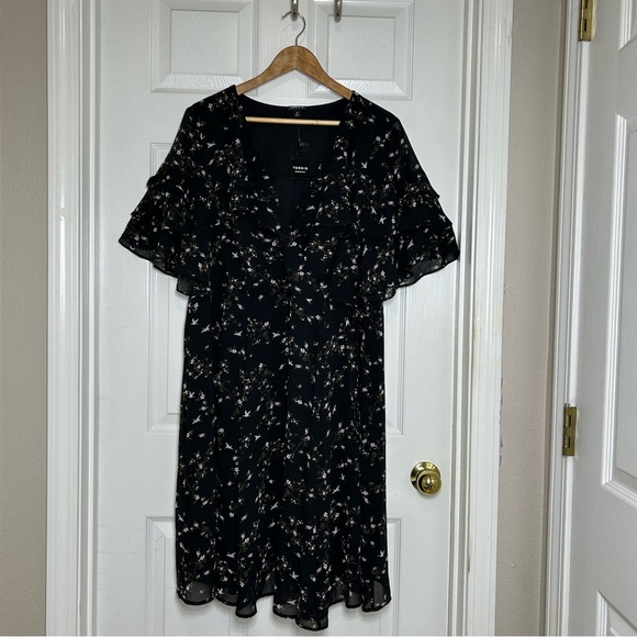 Torrid Black Floral Birds Print Chiffon Ruffled Wrap Versatile  Dress 2/2X/18-20 - Picture 2 of 16
